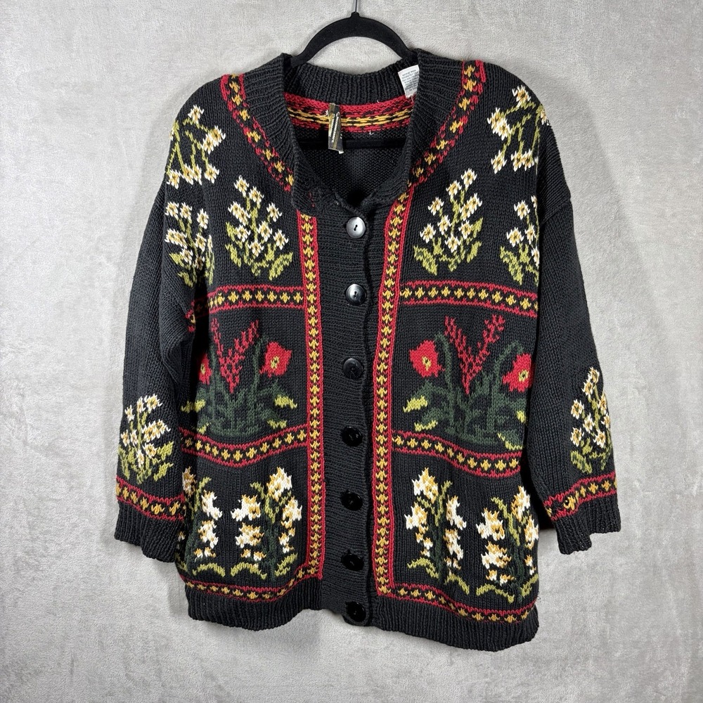 Vintage Chunky Knit Floral Embroidered Cardigan Size M Oversized Cottage Grandma